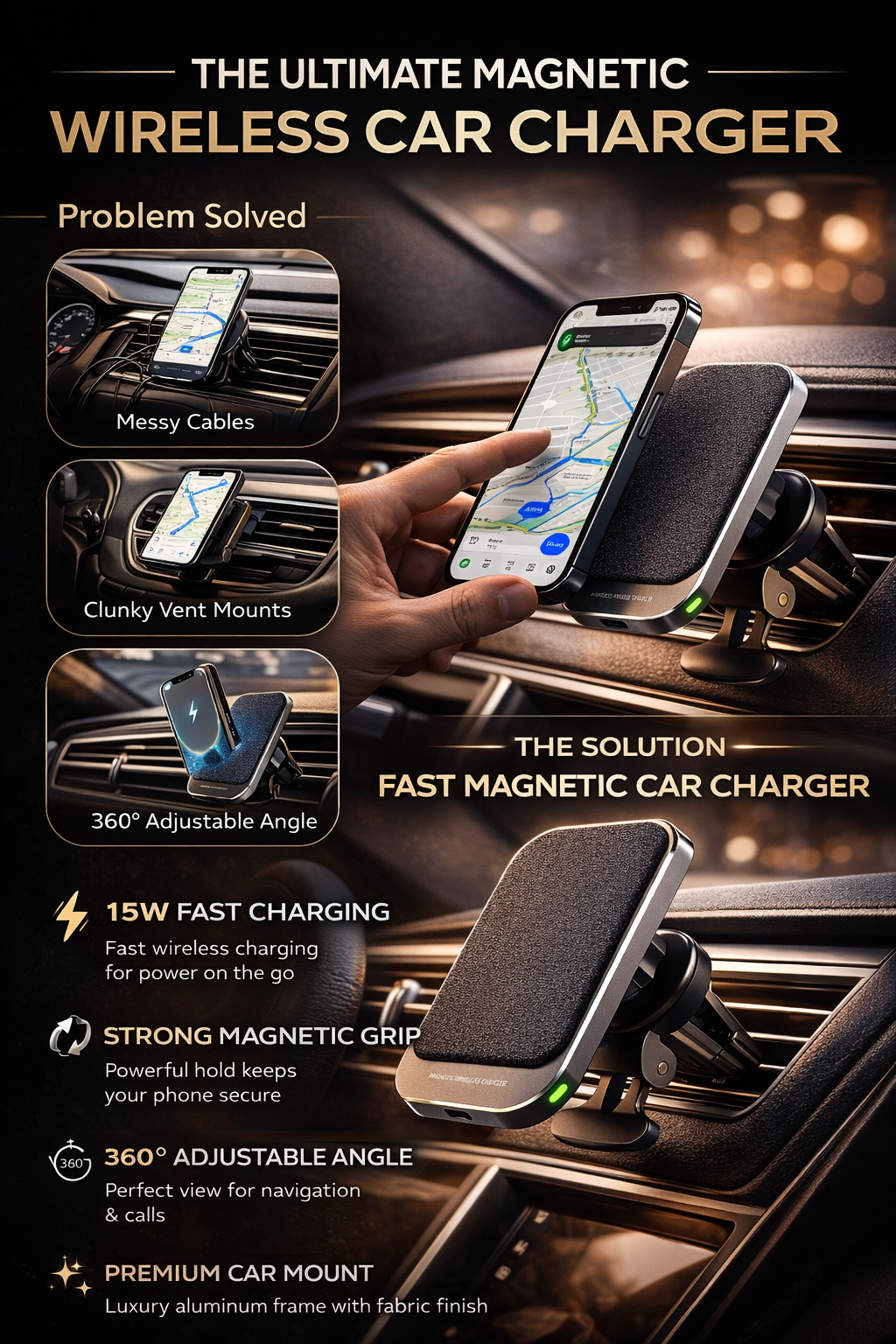 MagDrive™ MagSafe Wireless Car Charger – 15W Fast Magnetic Vent Mount